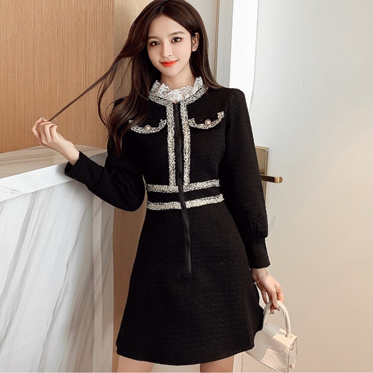 Autumn Winter Vintage Korean Zipper Women Elegant Lace Patchwork Tweed Dress Party Long Sleeve Runway Vestidos 210519