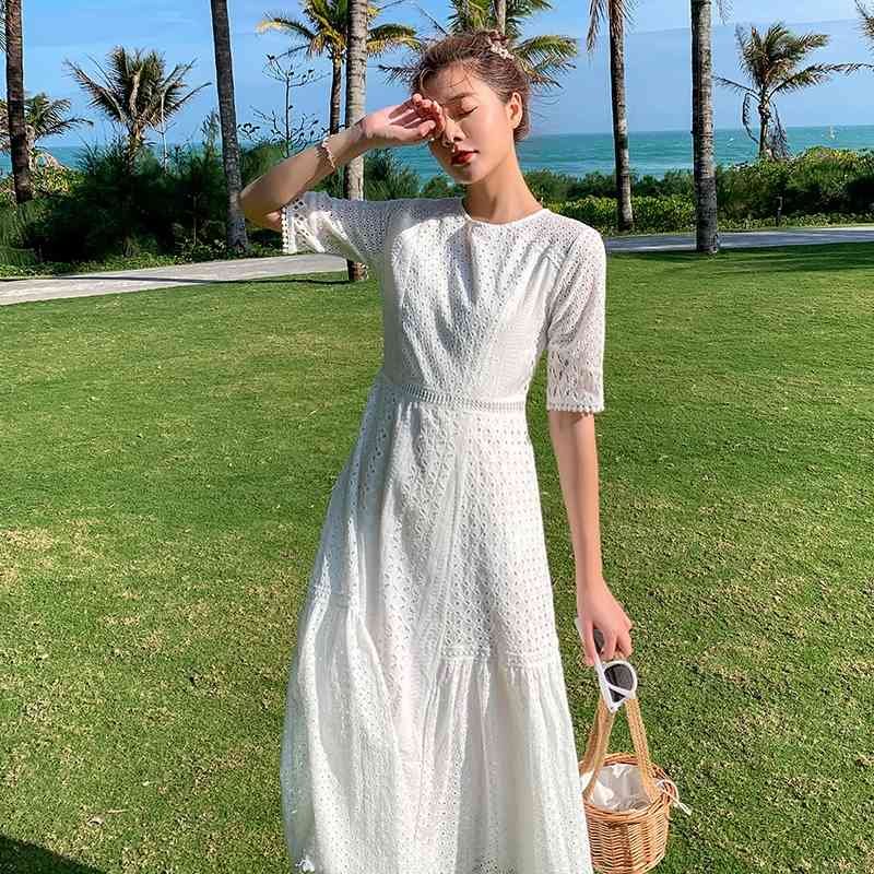 Lace Hollow Out Summer Dress Short Sleeve Long Dresses White Clothes For Full Women Vestidos 210520