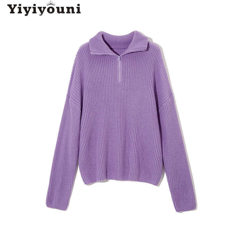 Yiyiyouni Zipper Polo Collar Knitted Oversized Sweater Women Autumn Winter Casual Thick Pullovers Female Loose White Jumper 210918