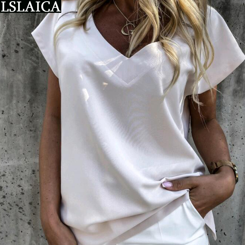 T-shirt Short Sleeve V Neck Casual Solid Ladies Tops Elegant Office Lady Fashion Women's Shirt Summer Loose Shirts for Women 210520