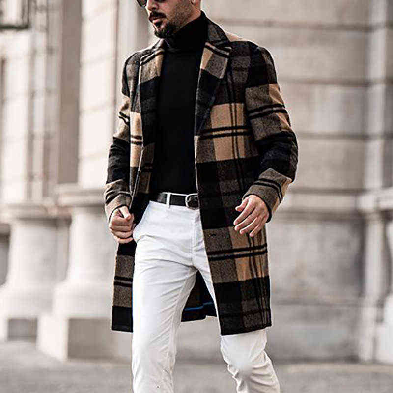 Mens Autumn Plaid Woolen Coats Casual Fashion Mid-length Overcoats Winter Elegant Male Lapel Open Stitch Size S-3XL 211122