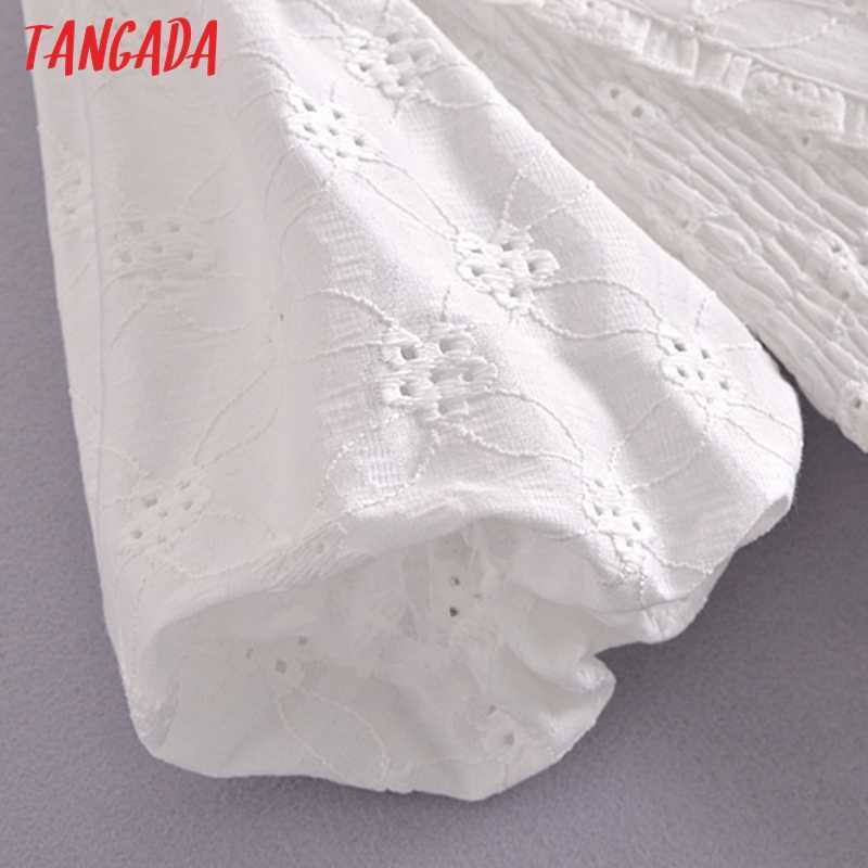 Tangada Women White Cotton Embroidery Romantic Dress Puff Short Sleeve Backless Females Midi Dresses Vestidos 3H271 210630