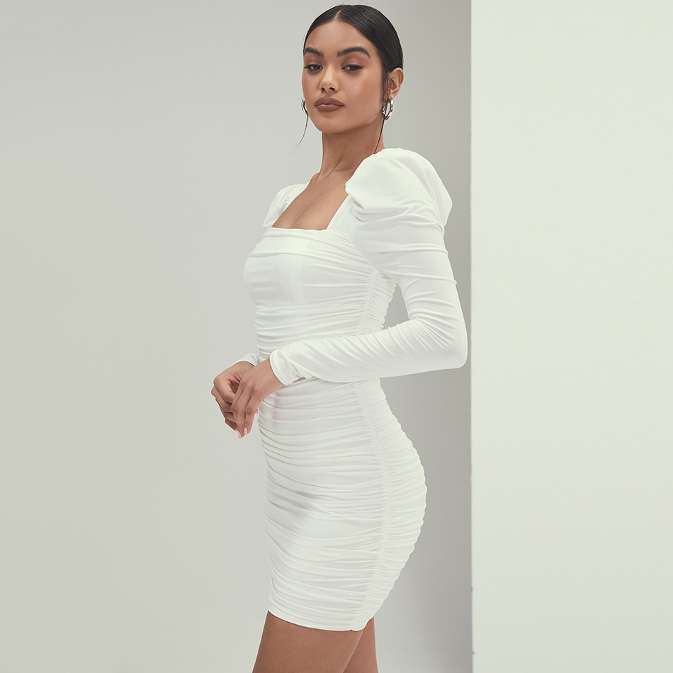 Solid Basic Slim Packaging for Summer Square Neck Puff Sleeve Sexy Dress Ruffle Mini Club Party Bodycon Women 210525