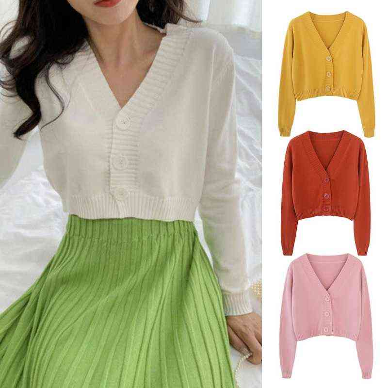 Women Autumn Long Sleeve Sweater Cardigan Sexy V-Neck Button Down Cropped Jacket Sweet Solid Candy Color Loose Knitted Outwear C 211109
