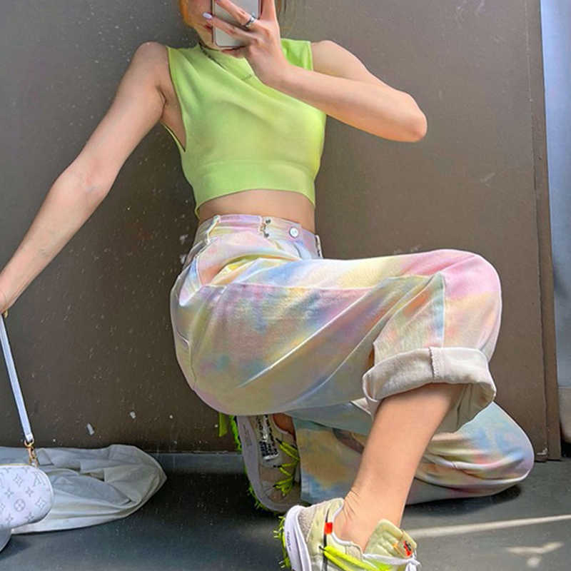 Tonngirls Summer High Waist Jeans Tie Dye Cotton Denim Pants Women Y2k Vintage Casual Loose Wide Leg Trousers Female 210922