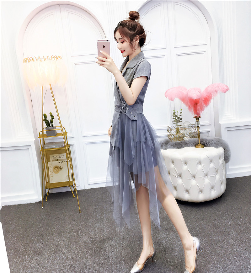 Fashion Summer Women Dress Elegant Lady Notched Collar Patchwork Mesh Irregular Office OL Party Female Belt 210519