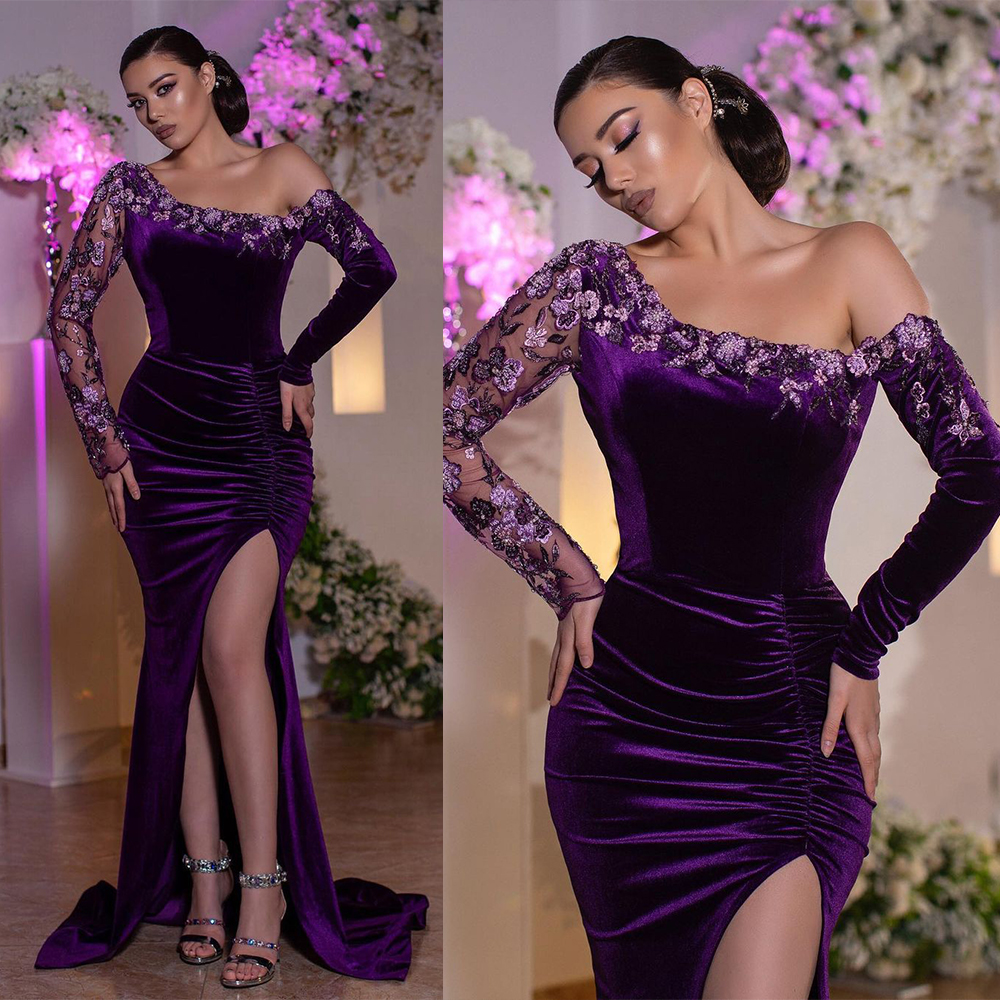 African Purple Luxurious Mermaid Prom Dresses Sheer V Neck Evening Gowns Long Sleeves Appliqued Formal Party Second Reception Dress