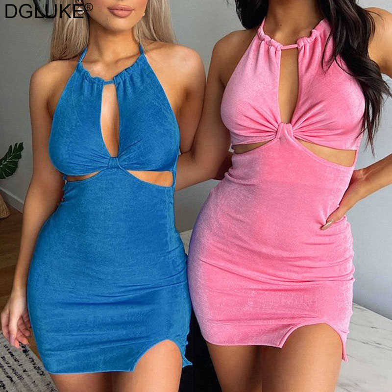 Halter Backless Bodycon Dress Women Sexy Summer Dress Elegant Cut Out Party Mini Dress Pink Blue Black 210630