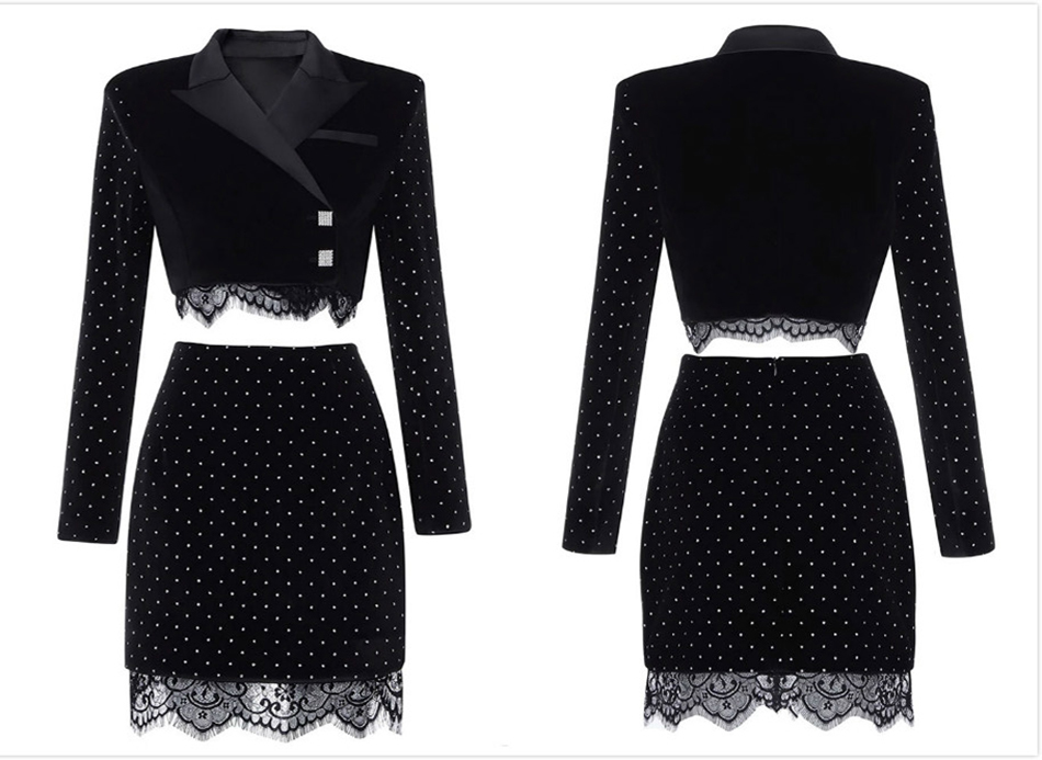 Women's Velvet Skirt Two-piece Slim Sexy Lapel Long Sleeve Lace Short Jacket & Club Party Shiny Set 210524