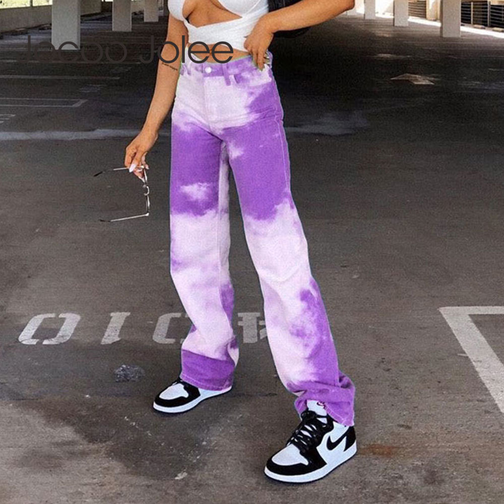 Fashion Tie-dye Print Wide Leg Jeans Casual High Waist Loose Long Pants Women Summer Hip Hop Trousers Streetwear 210428