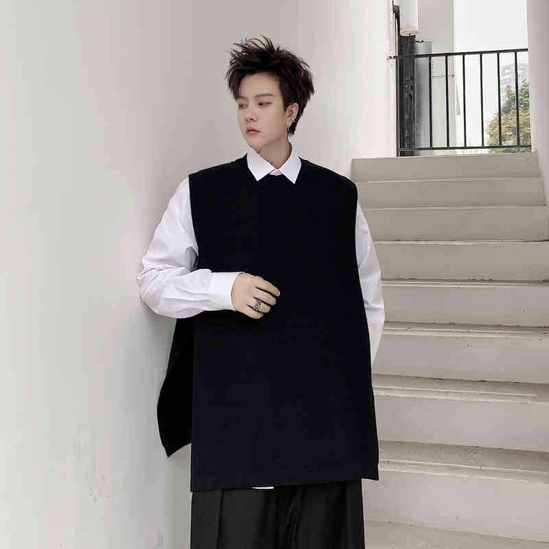 IEFB Spring Solid Color Round Neck Side Button Decoration Men's Knitted Vest Split Sleeveless Waistcoat Loose Casual 9Y5302 210524