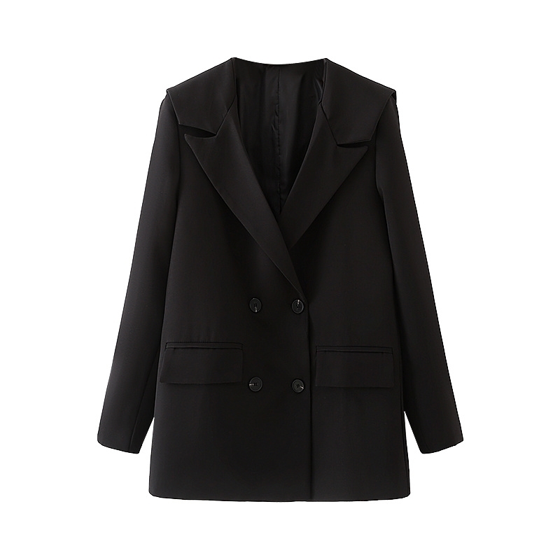 Causal Women Solid Black Blazers Fashion Ladies Double Breasted Polyester Jacket Streetwear Female Chic Pocket Jackets 210430