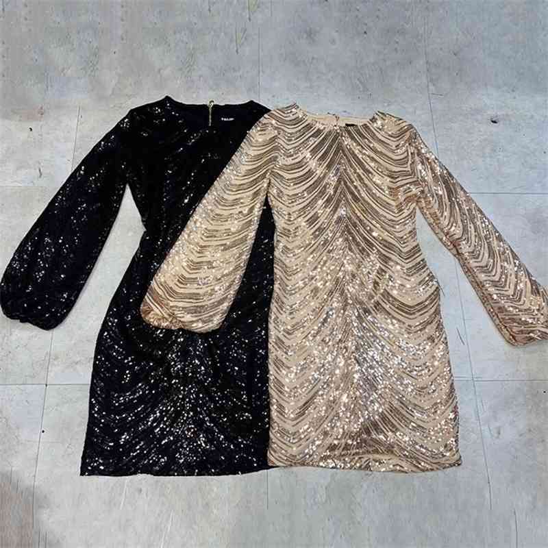 Free Shiny Sequin Dress Women's Fall O-neck Lantern Sleeve Striped Bodycon Mini Club Party Vestido 210524