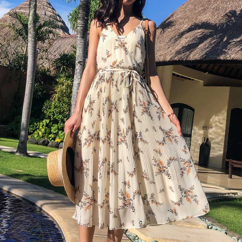Casual Beach Style Sweet Camisole Pleated Dresses for Women Elegant Print Chiffon Silm Waist Office Lady Vestidos 210525
