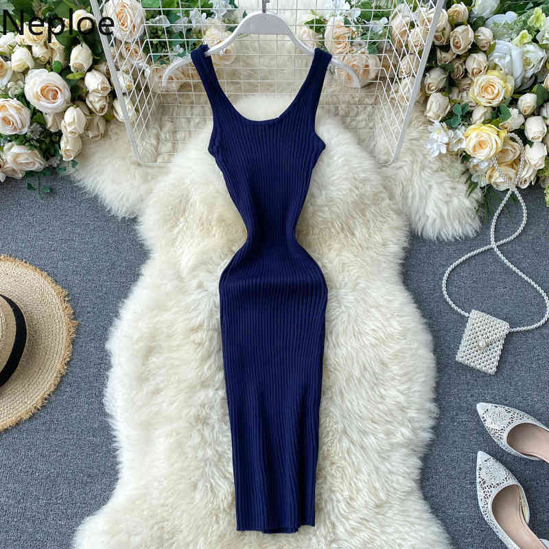 Neploe Sexy Woman Dress Korean Robe Square Collar Sleeveless Knitted Vestidos Mujer Summer Slim Bodycon Vintage Dresses 210422