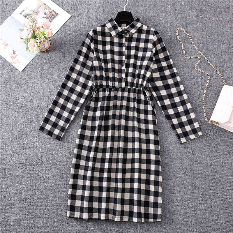 Fall Winter Spring Autumn Corduroy Women Long Sleeve Shirt Dress Pink Red Plaid Vintage Fashion Office Lady 210325