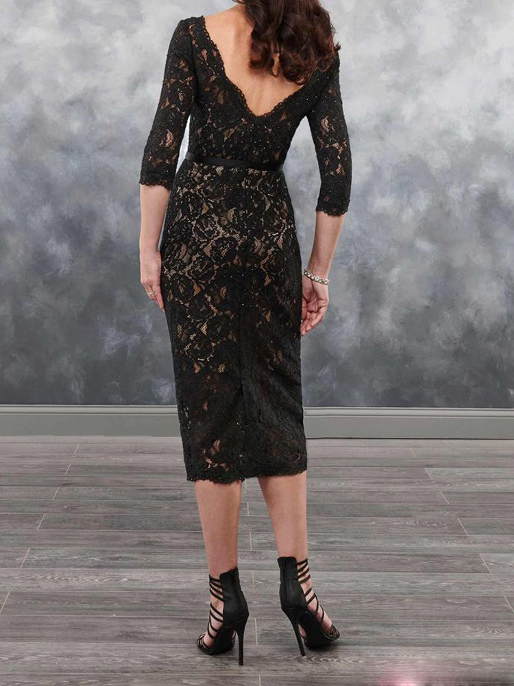 Sexy Black Lace Mother's Dresses Tea Length Mother of the Bride Dress Zipper Back Elegant Beatue Three Quarter Sleeves