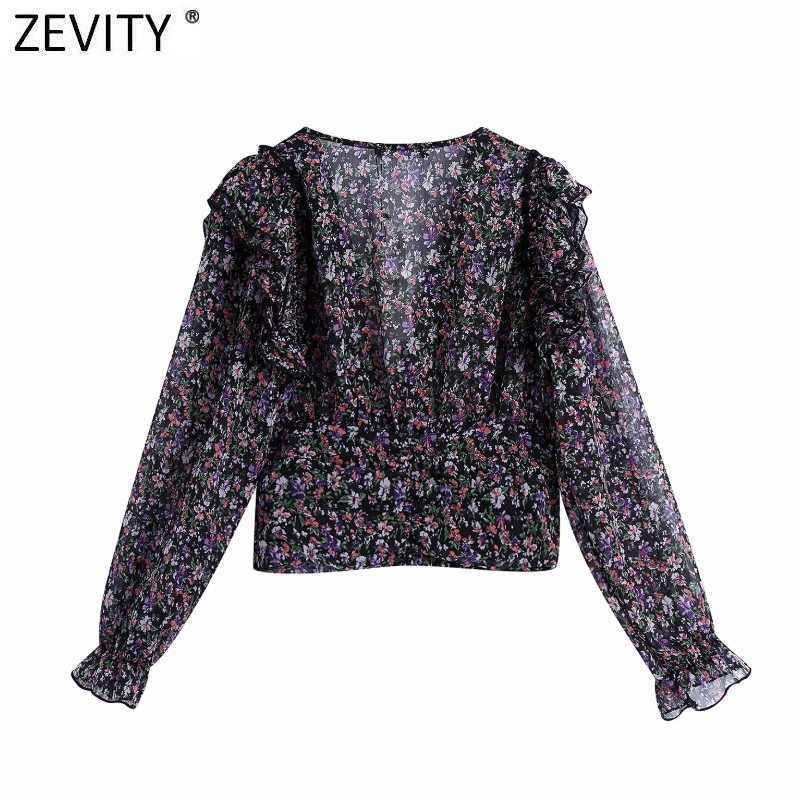 Zevity Women Vintage V Neck Floral Print Chiffon Smock Blouse Office Lady Cascading Ruffle Short Shirts Chic Blusas Tops LS7409 210603