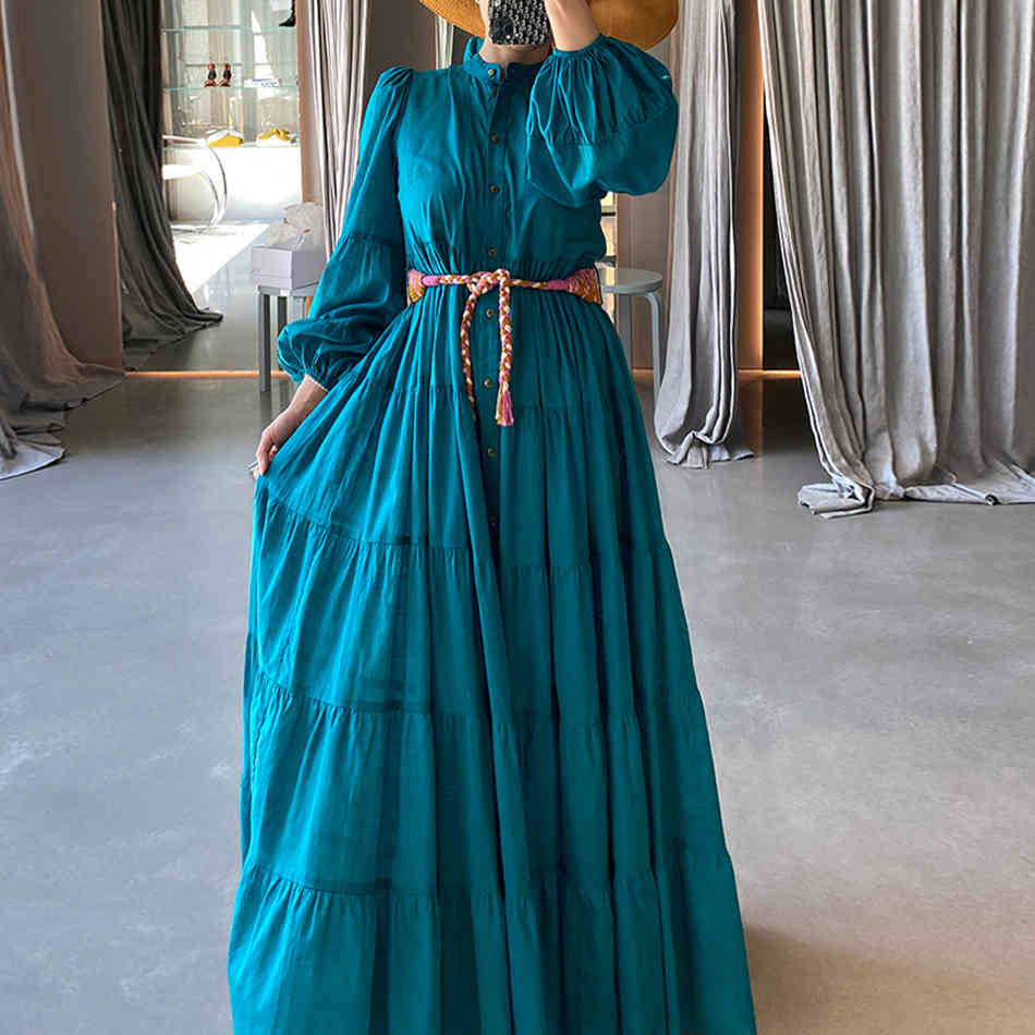 Bohemian Long Dress Women's Stand Collar Lantern Sleeve High Waist Belt Casual Women Fashion Style 210525