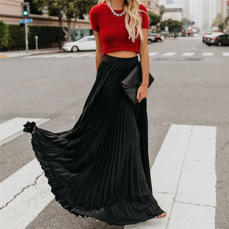 Chiffon Long Skirt Elegant Solid Color Summer Autumn Women's High Waist Double A-line Boho Style Beach Maxi s Saias 210619
