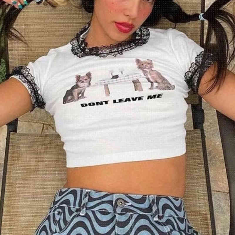 Casual Woman Beige Lace Patchwork Short T-Shirt Spring Fashion Ladies Slim Soft Printed Tops Girls Cute Streetwear Top 210515