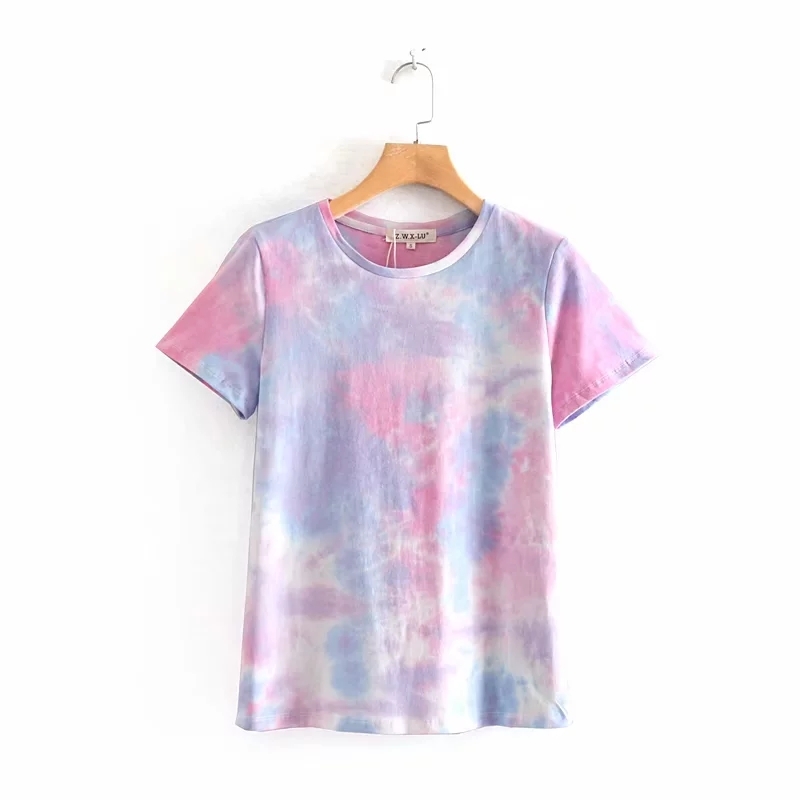 Tie Dye Printing Women Short Sleeve Knitting T shirt Casual Female Loose Tops Summer O Neck Tee Shirt Femme T1166 210430Z