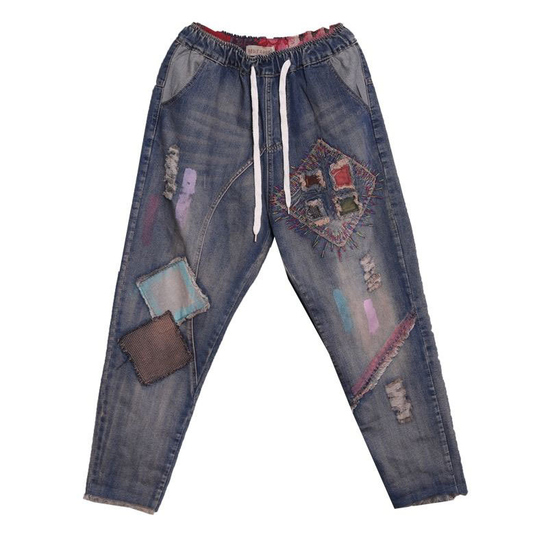 Spring Fashion Women Jeans Vintage Embroidery Patchwork Loose Cotton Denim Harem Pants Ladies Drawstring Ripped Hole D98 210512