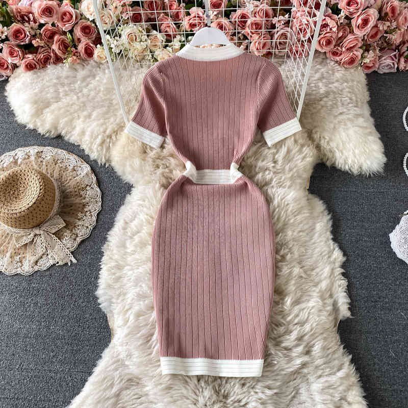 All-match Temperament High Waist Wrap Hip O Neck Short Sleeve Single-breasted Knitted Dress Women Contrast Retro Slim Vestido 210429