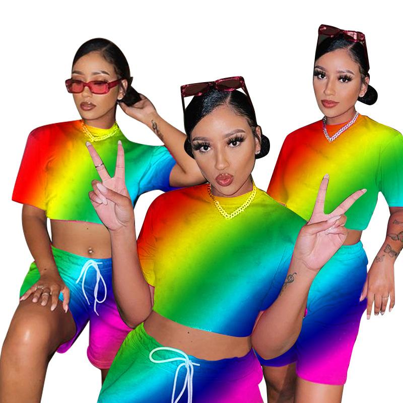 Women's Tracksuits Fashion Rainbow Print Shorts Sets 2021 Est Summer Turtleneck Short Sleeves Vest Tops Casual 2PCS Nightclub Party