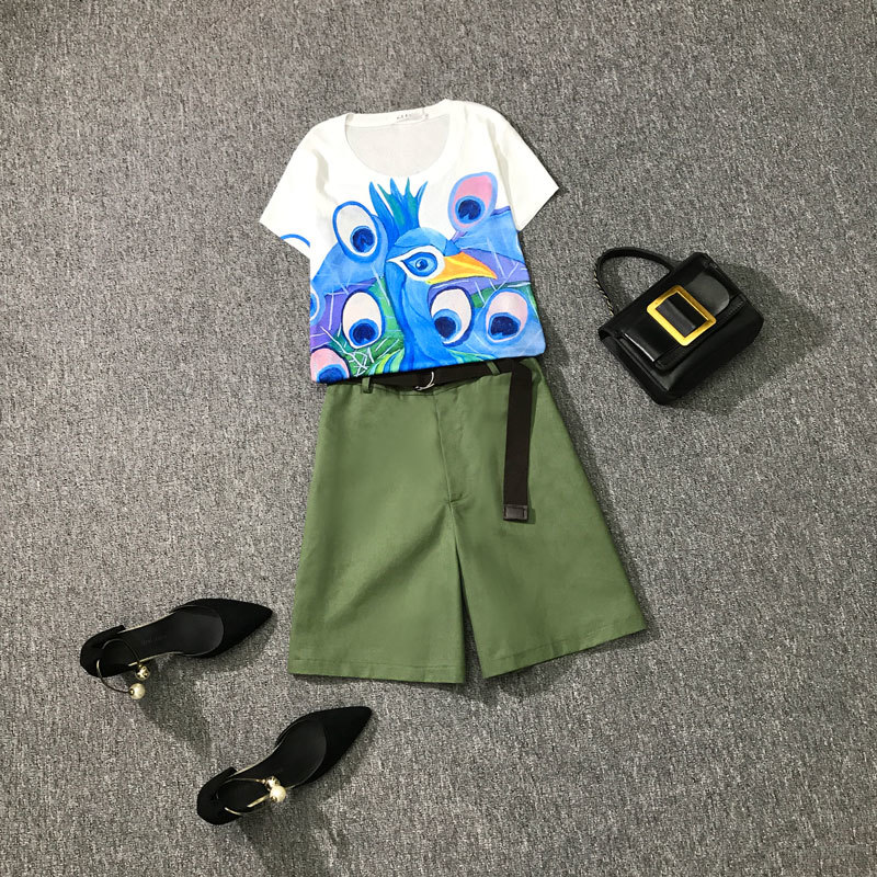 Women Summer Casual 2 piece set Vintage Print Ladies Short Sleeve Slim T-Shirt + Fashion Shorts Pants Suits Female 210506