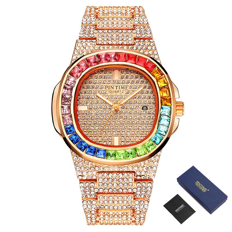 Wristwatches PINTIME Hip Hop Watch Men Steel Diamond Watches Top Quartz Male Clock Waterproof Relogio Masculino Montre Homme, Gold with box
Wristwatches PINTIME Hip Hop Watch Men Steel Diamond Watches Top Quartz Male Clock Waterproof Relogio Masculino Montre Homme, Gold with box