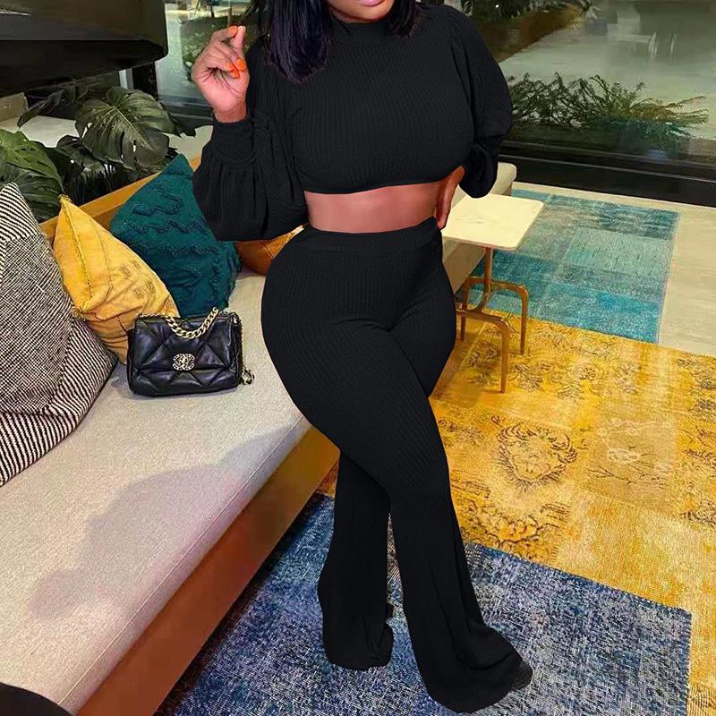 Women' Two Piece Pants Women Suit Tracksuit Set Fall Knit T Shirt Trousers Solid Color Lantern Long Sleeve Crop Tops Flared Pant Sets, Black
Women' Two Piece Pants Women Suit Tracksuit Set Fall Knit T Shirt Trousers Solid Color Lantern Long Sleeve Crop Tops Flared Pant Sets, Black