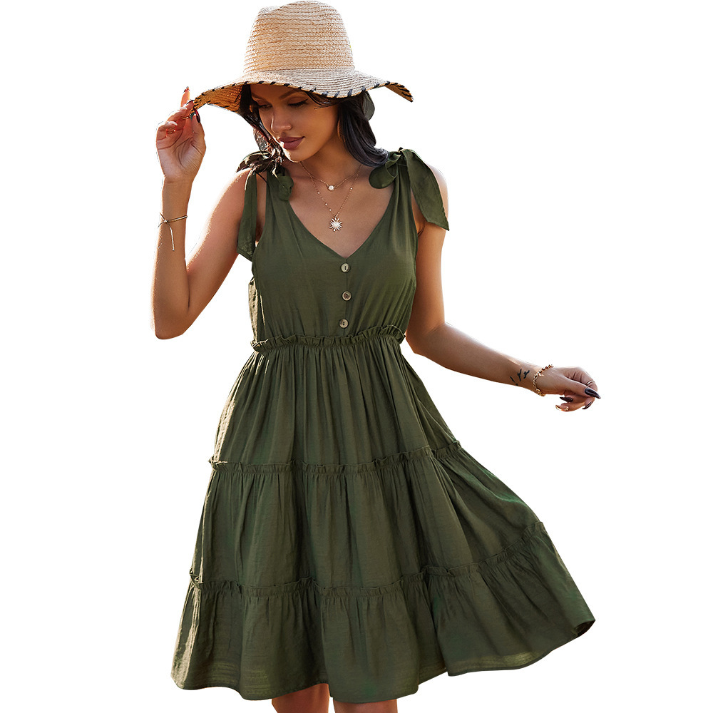women summer dress fashion Cotton A-Line V-Neck Spaghetti Strap Buttons Solid Casual Women pleasted knee length dresses 210524
