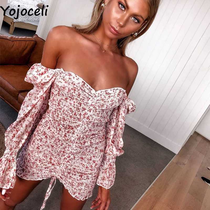 Yojoceli square neck floral print dres long sleeve bodycon mini boho beach 210609