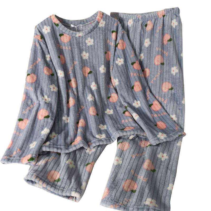 Harajpee Women's Pajama Autumn Winter Suit O-Neck Loose Thin Long Sleeve Pajamas Peach Printed Elastic Waist Straight Pants 211118