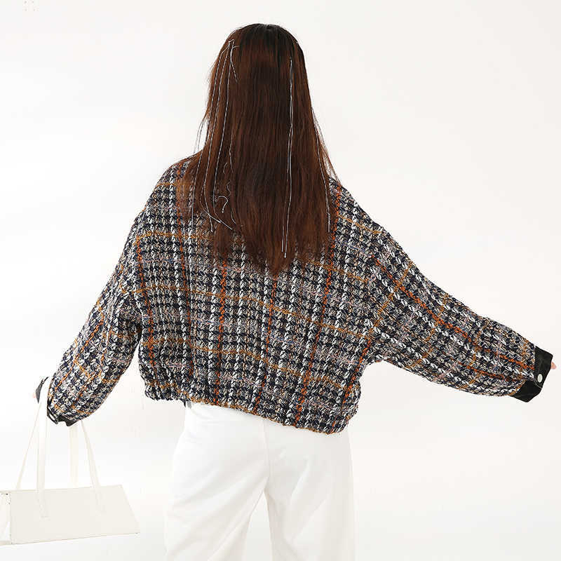 [EAM] Tweed Denim Plaid Short Cotton-padded Coat Long Sleeve Loose Fit Women Parkas Fashion Autumn Winter 1Z82205 210819