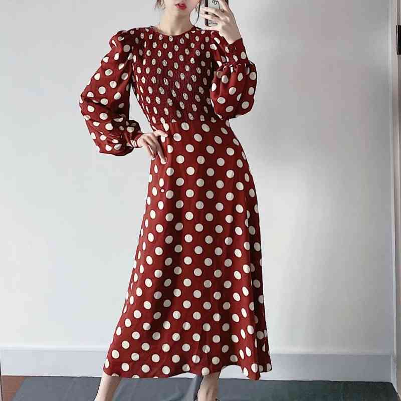 Women Polka Dot Printing Midi Dress Casual Femme O-Neck Lantern Sleeve Clothes Lady Loose Vestido D6665 210430