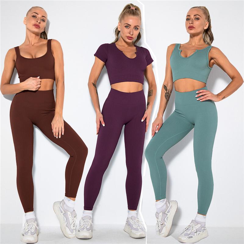 Yoga Outfit Women Seamless Gym Set Fitness Wear Sports Suits High Waist Leggings Short Sleeve Tops Bra Sportswear Active Clothes