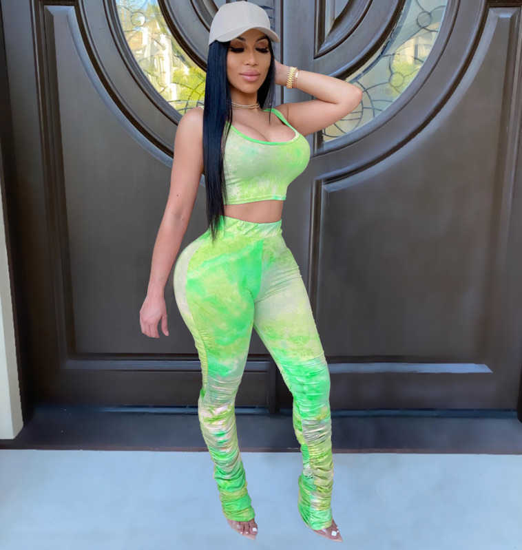 Womens Tie Dye Short 2023 Piece Set Tracksuit club fashion vest Pleated long pants Jogging suit Desiger T Shirt Tight Trouser Outfits