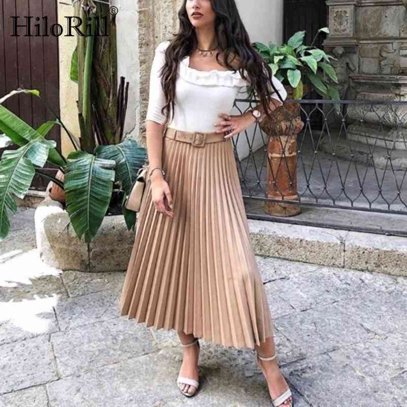 Women Pleated Skirt With Belt High Waist Elegant Vintage A-line Midi Skirts Female 210508