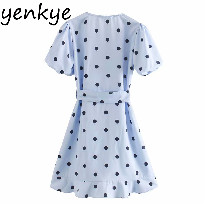 Sweet Summer Dress Women Vintage Polka Dot Wrap Dress Elegant Female V Neck Short Sleeve A-line Mini Ruffle Dress XNWM9509 210515