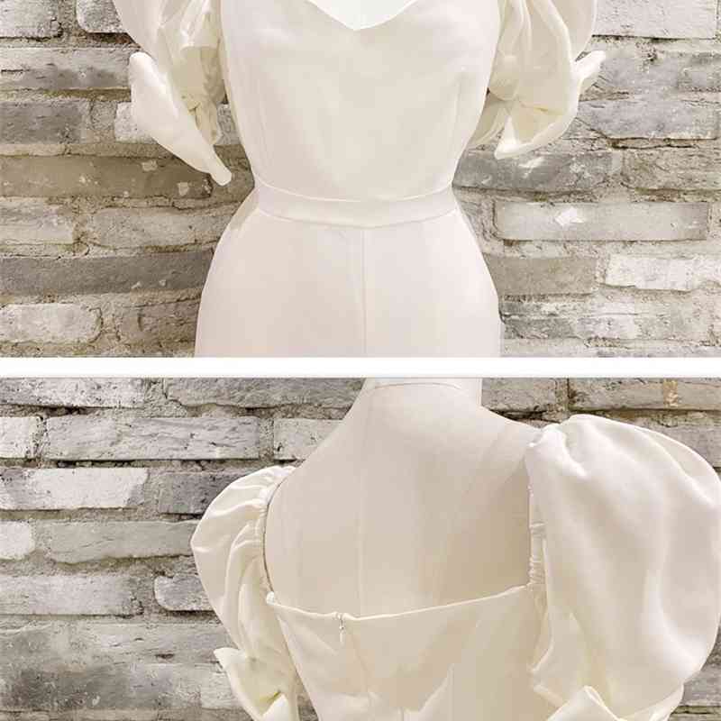 Sexy Women V-Neck Puff Sleeve Bow Jumpsuits Ladies Overalls Elegant Fashion OL High Waist Slim White Rompers 210519