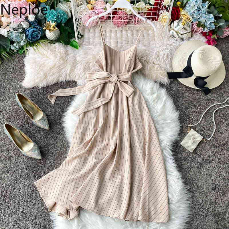 Summer Holiday Beach Sleeveless Camis Dress High Waist Hip Striped A Line Vestido Slim Lace Up Bow Ropa 210422