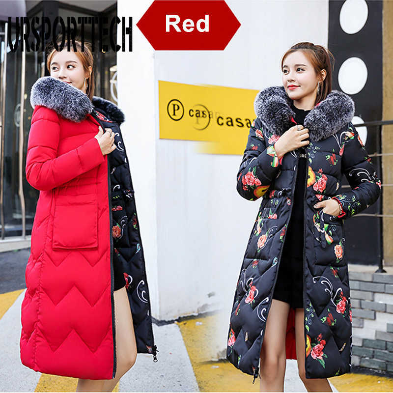 URSPORTTECH Arrival Winter Jacket Women Parka With Fur Hooded Thick Warm Long Padded Coat Female Outwear Print Parkas 210528