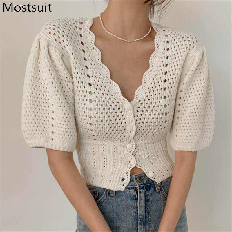 Korean Hollow Knitted Women Cardigan Tops Puff Sleeve V-neck Single-breasted Sweater Fashion Elegant Ladies Jumpers Femme 210514