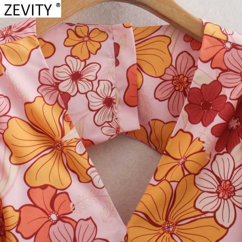 Zevity Summer Women Tropical Floral Print Puff Sleeve Slim Mini Dress Female Backless Bow Tied Chic Boho Beach Vestidos DS8327 210603