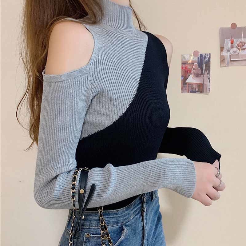 Contrast Off-shoulder Turtleneck Autumn Fashion Chic Knitted Sweaters Long Sleeve Pullover Plus Size Women Bottoming Shirt 12211 210518