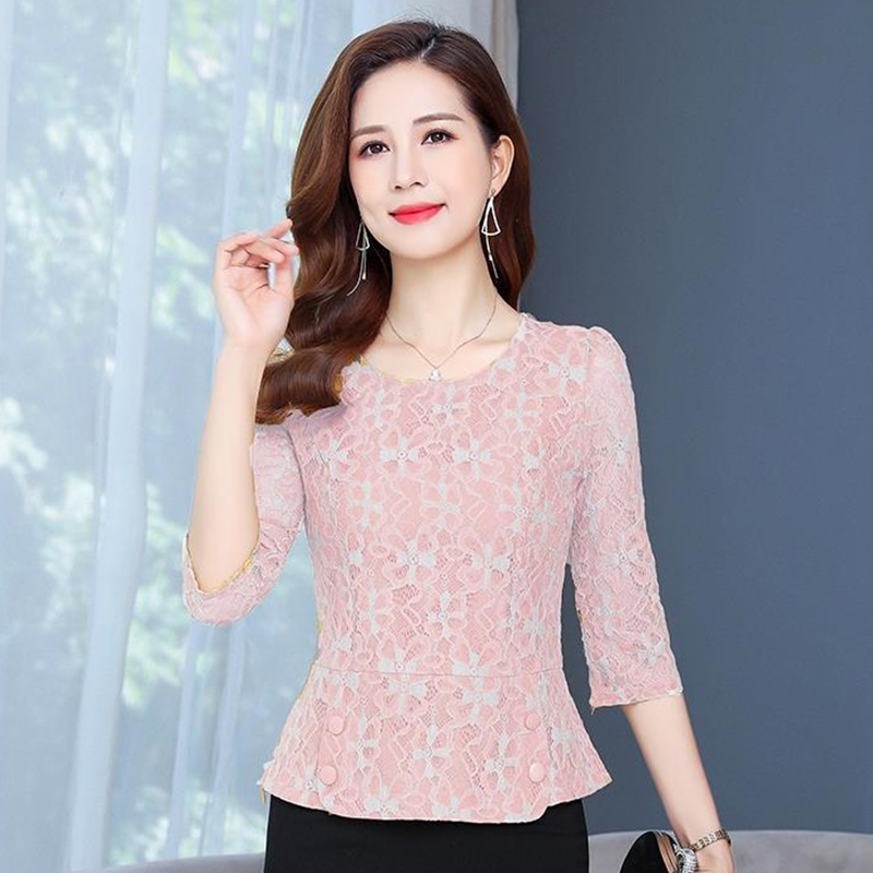 Women Spring Autumn Style Lace Blouses Shirts Lady Casual Half Sleeve O-Neck Lace Blusas Tops ZZ0600 210317
