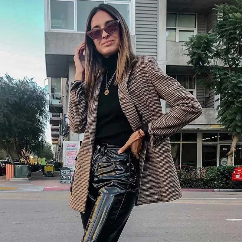elegant women plaid brwon blazer jackets fashion ladies chic long suits casual female streetwear girls vintage 210527