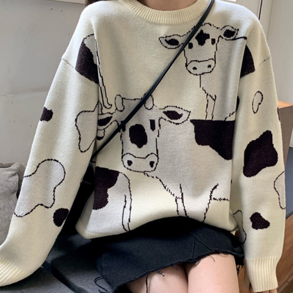 Vintage Casual Loose Lazy Cow Sweater Female Korean Harajuku Women's pullover Japanese Kawaii Cute Ulzzang Clothing For Women 210428